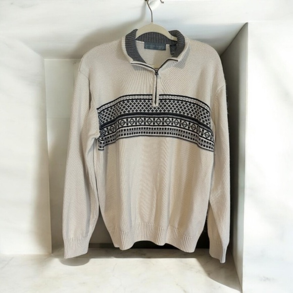 Oscar de la Renta Mens XL Pullover Sweater Cotton Blend Knit‎ Quarter Zip